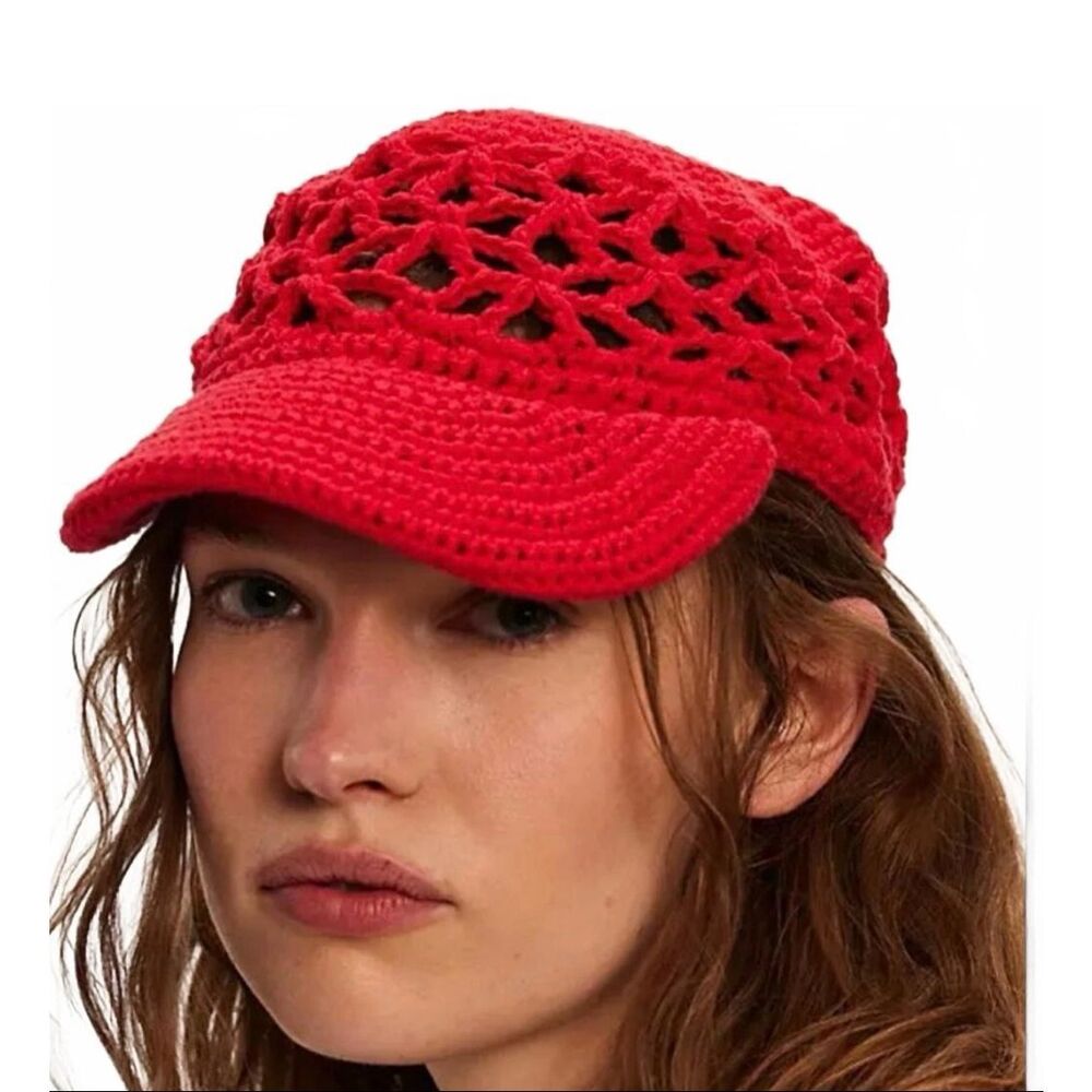 Free People Silvia Crochet Baseball Cap in Red cotton